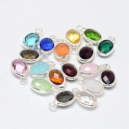 Oval Faceted Silver Color Plated Brass Glass Charms GLAA-O015-S-1