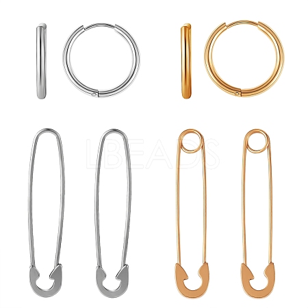 4Pair 4 Style Safety Pin & Ring 304 Stainless Steel Hoop Earrings for Women EJEW-SZ0001-84-1