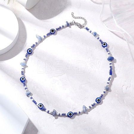 Natural Blue Aventurine(Dyed & Heated) Chip & Resin Evil Eye & Glass Seed Beaded Necklaces NJEW-JN05294-1