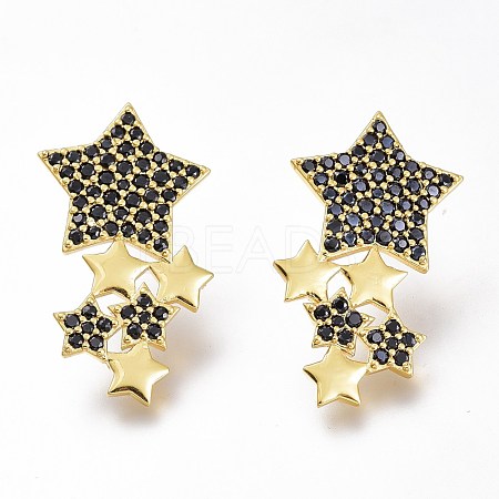 Brass Micro Pave Black Cubic Zirconia Star Stud Earrings ZIRC-I049-24G-02-1