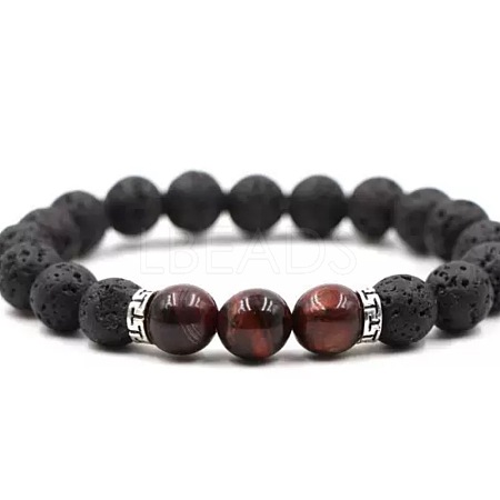 8MM Round Dyed Natural Red Tiger Eye and Natural Lava Rock Beaded Stretch Bracelets for Couples BW4110-9-1