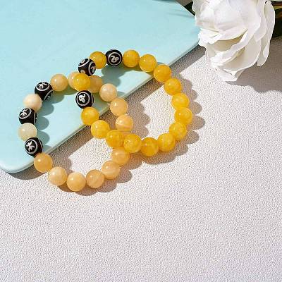 Natural Yellow Jade Round Beaded Stretch Bracelet BJEW-SW00077-01-1