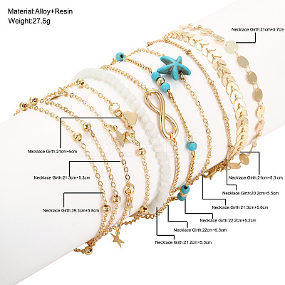 10Pcs Beach Style Alloy & Synthetic Turquoise & Resin Link Anklets WGF01BA-01-1