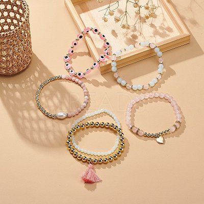 6Pcs 6 Style Natural & Synthetic Mixed Gemstone & Pearl & Resin Evil Eye Stretch Bracelets Set BJEW-JB08885-1