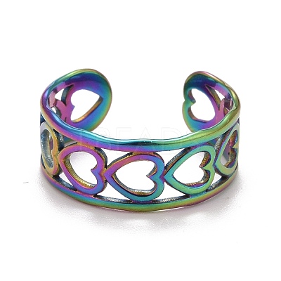Rainbow Color Ion Plating(IP) 304 Stainless Steel Heart Wrap Open Cuff Ring for Women RJEW-A005-09-1