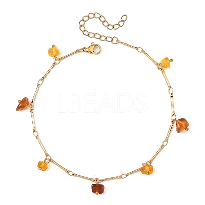 Natural Amber Chip Tassel Brass Bar Link Chain Anklets for Women AJEW-AN00889-1