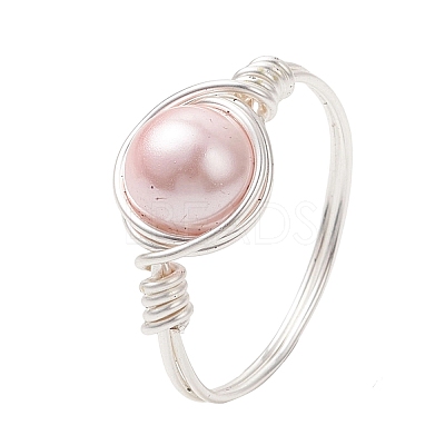 2Pcs Copper Wire Wrapped Shell Pearl Round Bead Finger Rings RJEW-JR00973-1