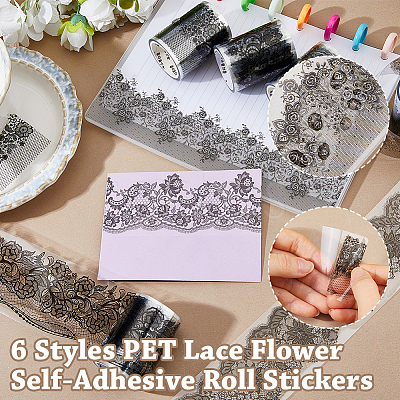 6 Rolls 6 Styles PET Lace Flower Self-Adhesive Roll Sticker DIY-HS0002-34-1
