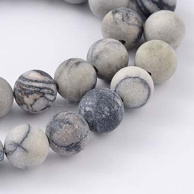 Round Frosted Natural Black Silk Stone/Netstone Bead Strands X-G-M248-8mm-03-1