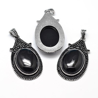 Oval Antique Silver Zinc Alloy Natural Dyed & Heated Black Agate Big Pendants G-F228-27J-FF-1