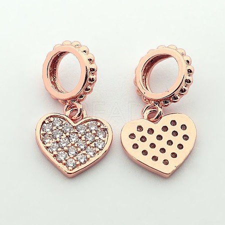 Brass Micro Pave Cubic Zirconia Large Hole European Dangle Heart Charms ZIRC-N009-01RG-1