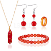 FIBLOOM Dyde Natural Agate Plain Band Rings & Red Jasper Bullet Pendant Necklace & Carnelian Round Beaded Dangle Earrings & Stretch Bracelet SJEW-FI0001-16-1