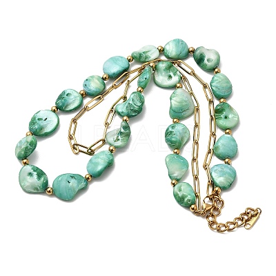 304 Stainless Steel with Dyed Green Natural Shell Nuggets Beaded Double Layer Necklaces for Women NJEW-G181-09G-1