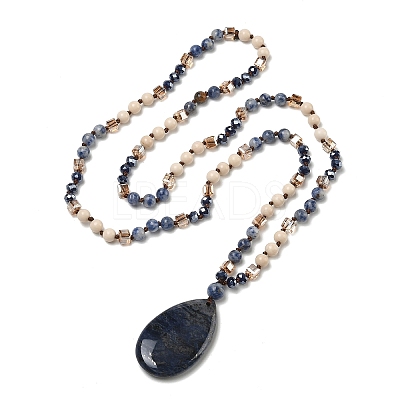 Natural Sodalite Teardrop Pendant Glass Beaded Long Necklaces GG-CBAE048-01B-1
