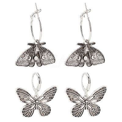 2 Pairs 2 Style Moth & Butterfly Zinc Alloy Dangle Hoop & Leverback Earrings EJEW-AN0002-64-1