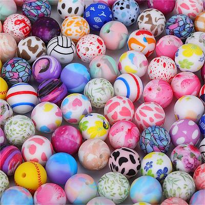 Printed Round with Flower Pattern Silicone Focal Beads SI-JX0056A-116-1