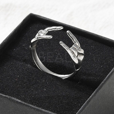 304 Stainless Steel Rock & Roll Hand Gesture Cuff Rings for Women Men RJEW-B118-02P-1