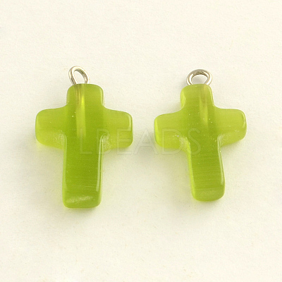 Platinum Plated Cat Eye Gemstone Cross Pendants G-R269-10-1