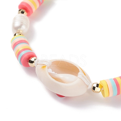 Natual Shell with Evil Eye & Pearl Braided Bead Bracelet BJEW-TA00049-01-1