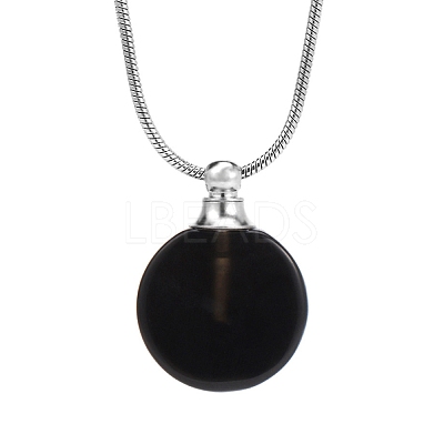 Natural Black Onyx(Dyed & Heated) Flat Round Perfume Bottle Pendant Necklaces PW-WGD45C6-10-1