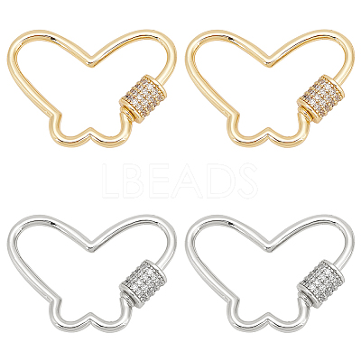 4Pcs 2 Colors Butterfly Brass Micro Pave Clear Cubic Zirconia Screw Carabiner Lock Charms KK-WR0001-05-1