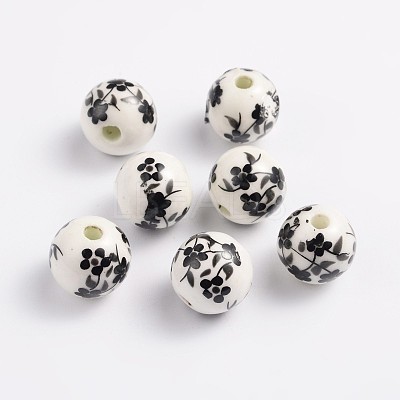 12mm Round Black Handmade Printed Porcelain Beads X-PORC-Q201-12mm-5-1