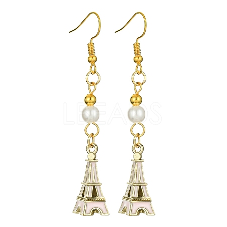 Alloy Enamel Eiffel Tower Dangle Earrings with Imitation Pearl Beaded EJEW-JE05422-01-1