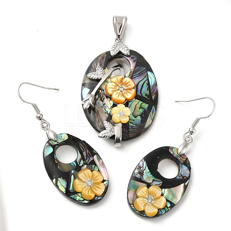 Natural Paua Shell Oval & White Shell Flower Jewelry Set SJEW-E051-02P-1