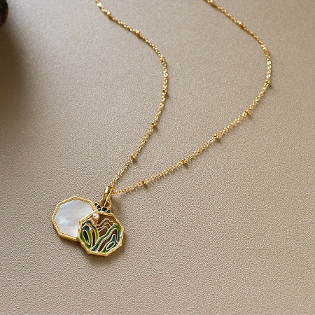 Brass Enamel and Natural Shell Octagon Pendant Necklaces for Women WGEA23F-01-1