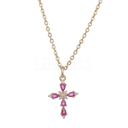 Brass Glass Cross Pendant 304 Stainless Steel Cable Chain Necklaces for Women NJEW-JN05545-1