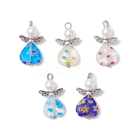 Handmade Millefiori Lampwork Beads and ABS Plastic Imitation Pearl Round Beads and Tibetan Style Alloy Fairy Wing Beads and 304 Stainless Steel Ball Head Pins Pendants PALLOY-JF03740-02-1