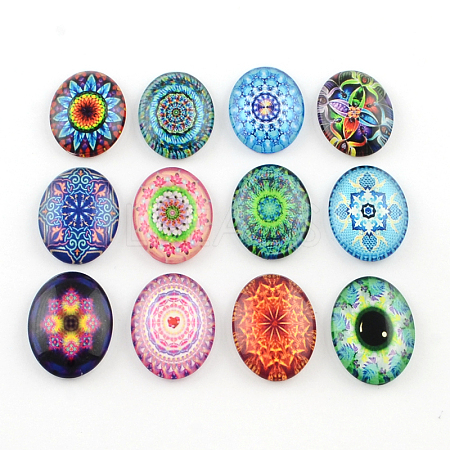 Kaleidoscope Flower Pattern Glass Oval Flatback Cabochons for DIY Projects GGLA-R022-40x30-94-1