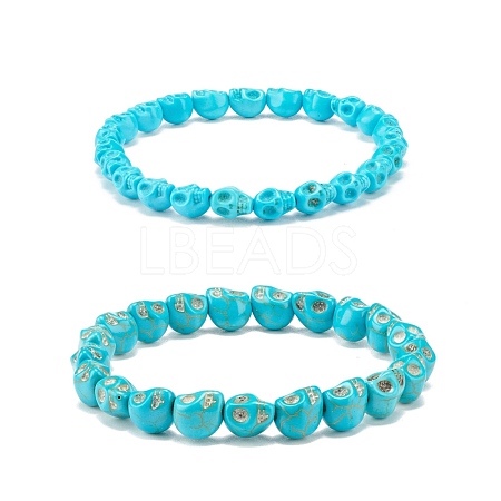 2Pcs 2 Style Synthetic Turquoise(Dyed) Skull Stretch Bracelets Set BJEW-JB08068-1