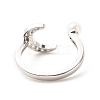 Clear Cubic Zirconia Moon Open Cuff Ring with Imitation Pearl for Women RJEW-A003-01P-3