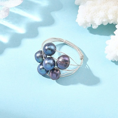 Round Copper Wire with Natural Cultured Freshwater Pearl Finger Rings RJEW-JR01097-1