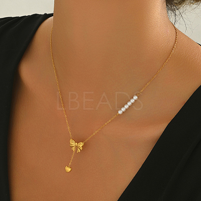 Stainless Steel & Imitation Pearl Bowknot Heart Pendant Necklaces for Women Daily Wear YC4857-1