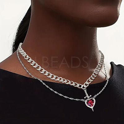 2Pcs Sword & Heart Zinc Alloy Light Siam Rhinestone Pendant Double Layer Necklaces for Women FS-WG484C5-02-1