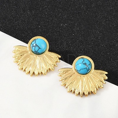 Fan 304 Stainless Steel Synthetic Turquoise Stud Earrings for Women EJEW-U046-17B-G-1
