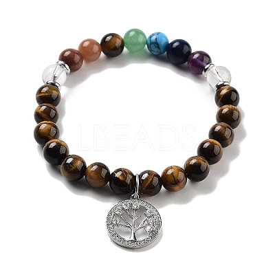 Natural Tiger Eye Round Beaded Chakra Stretch Bracelets BJEW-K251-01E-1