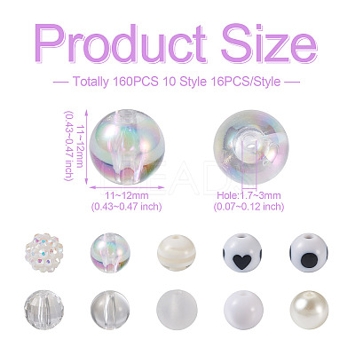 160Pcs 10 Style ABS Plastic Imitation Pearl Beads & Transparent & Opaque Acrylic Beads FIND-SW0001-31-1