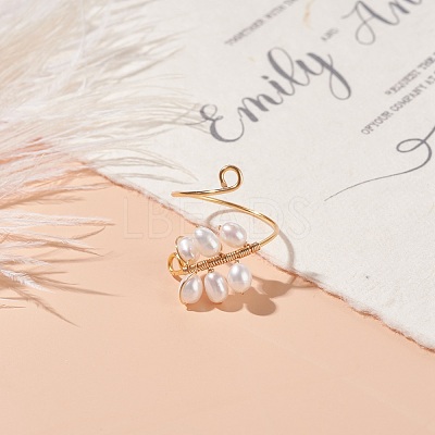 Copper Wire Wrapped Natural Cultured Freshwater Pearl Cuff Rings for Women RJEW-JR00438-1