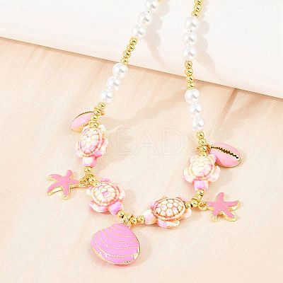 Ocean Brass Enamel Starfish Shell Shape Pendant Round ABS Imitation Pearl Beaded Necklaces KK-CBA4547-04C-G-1