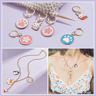 Alloy Enamel Sakura/Paw Print/Rabbit Pendant Locking Stitch Markers HJEW-PH01893-1