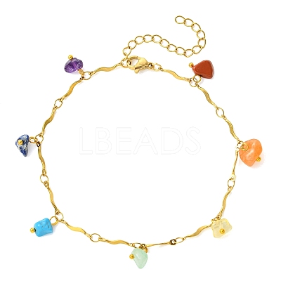 7 Chakra Gemstone Chip Charm 304 Stainless Steel Wavy Bar Link Chain Anklets for Women AJEW-AN00884-1