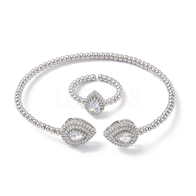 Teardrop Brass Micro Pave Cubic Zirconia Cuff Bangles & Rings Sets for Women SJEW-R002-04P-01-1