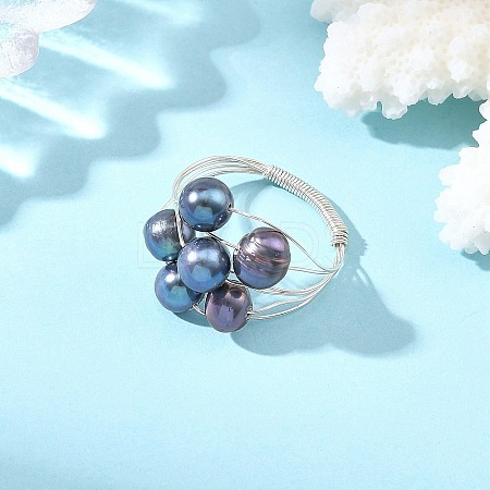 Round Copper Wire with Natural Cultured Freshwater Pearl Finger Rings RJEW-JR01097-1