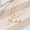 201 Stainless Steel Rhinestones Double-layer Cross Pendant Necklace & Stud Earrings Set for Women LY3624-1