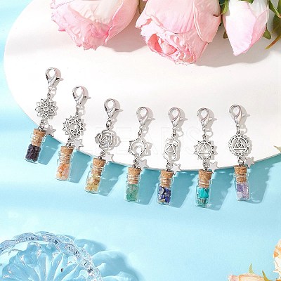 Chakra Natural Lapis Lazuli & Amethyst & Carnelian & Citrine & Garnet & Green Aventurine & Synthetic Turquoise Chips inside Glass Wishing Bottle Pendant Decoration HJEW-JM03308-1