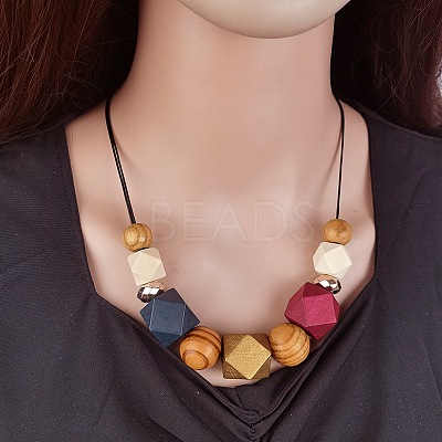 Wooden Octagon Round Graduated Beaded Necklaces for Women WGAA11B-02-1