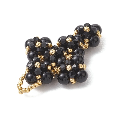 Natural Black Onyx Round Beads & Glass Seed Beaded Cross Pendants PALLOY-MZ01151-02-1